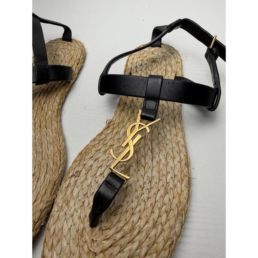 Saint Laurent YSL Espadrille Sandals Black Gold Sz 37 Leather - Picture 2 of 6